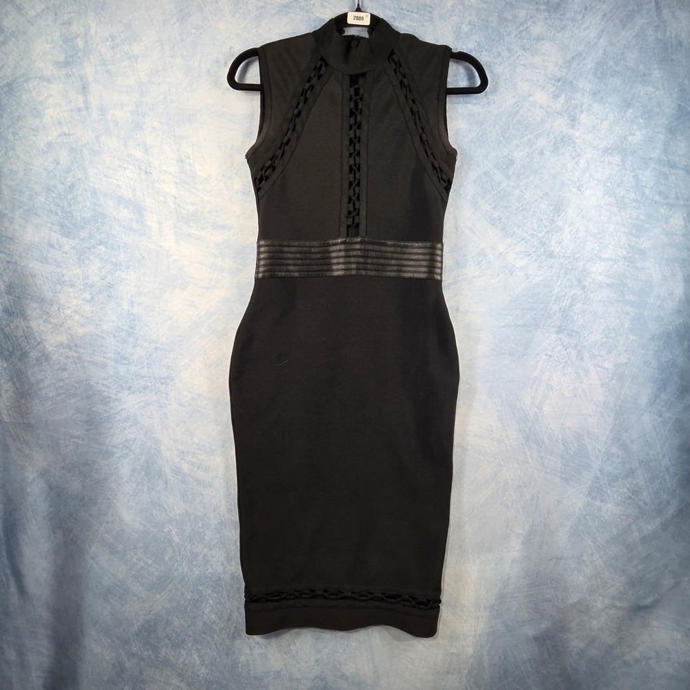 Kouture Black Sleeveless Bandage Dress Mock Neck Lattice Cutout Bodycon Size M